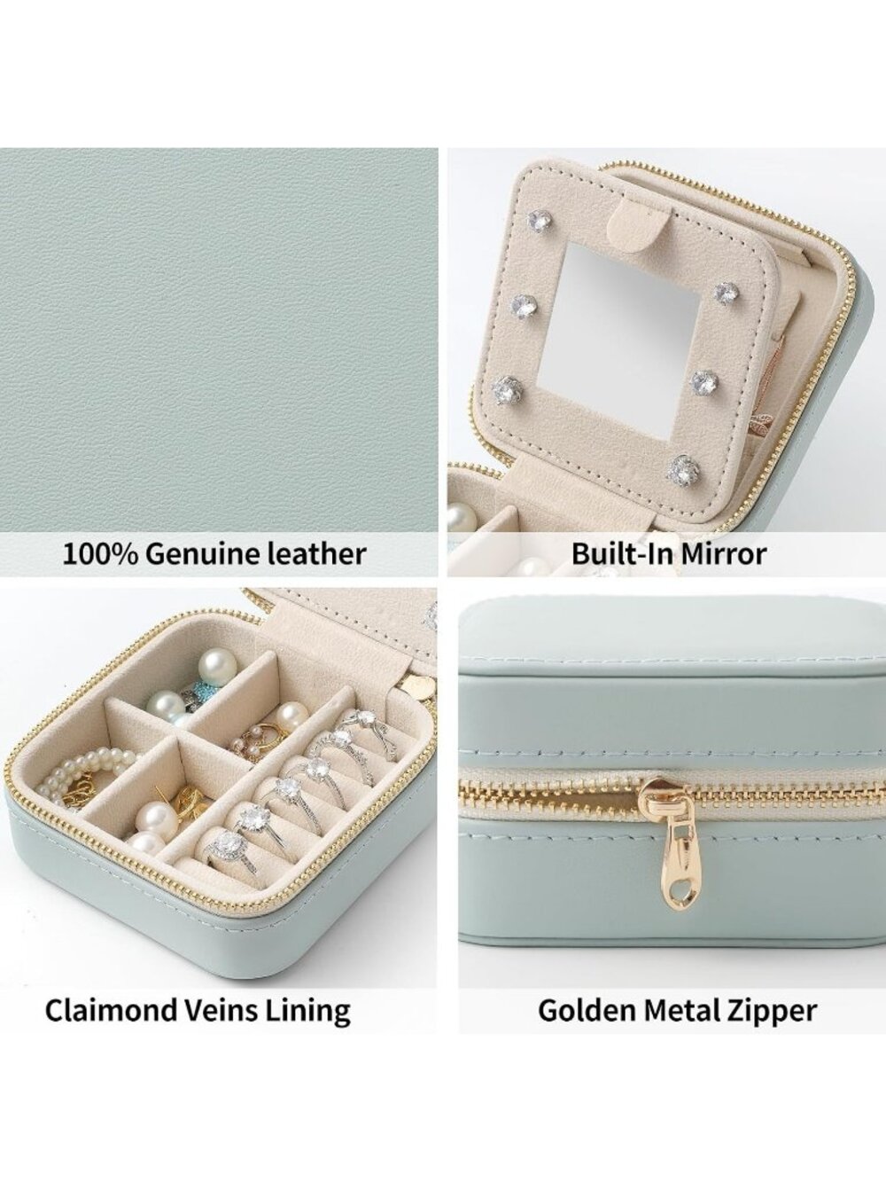 Genuine Leather Travel Jewelry Case Organizer Lychee Grain Leather Mint Green - Picture 8 of 9
